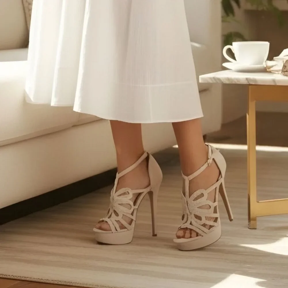 Jennifer Lopez ✦ Nude Suede Studded Cutout Platform Heels ✦ Ankle Strap 6 - Picture 10 of 12